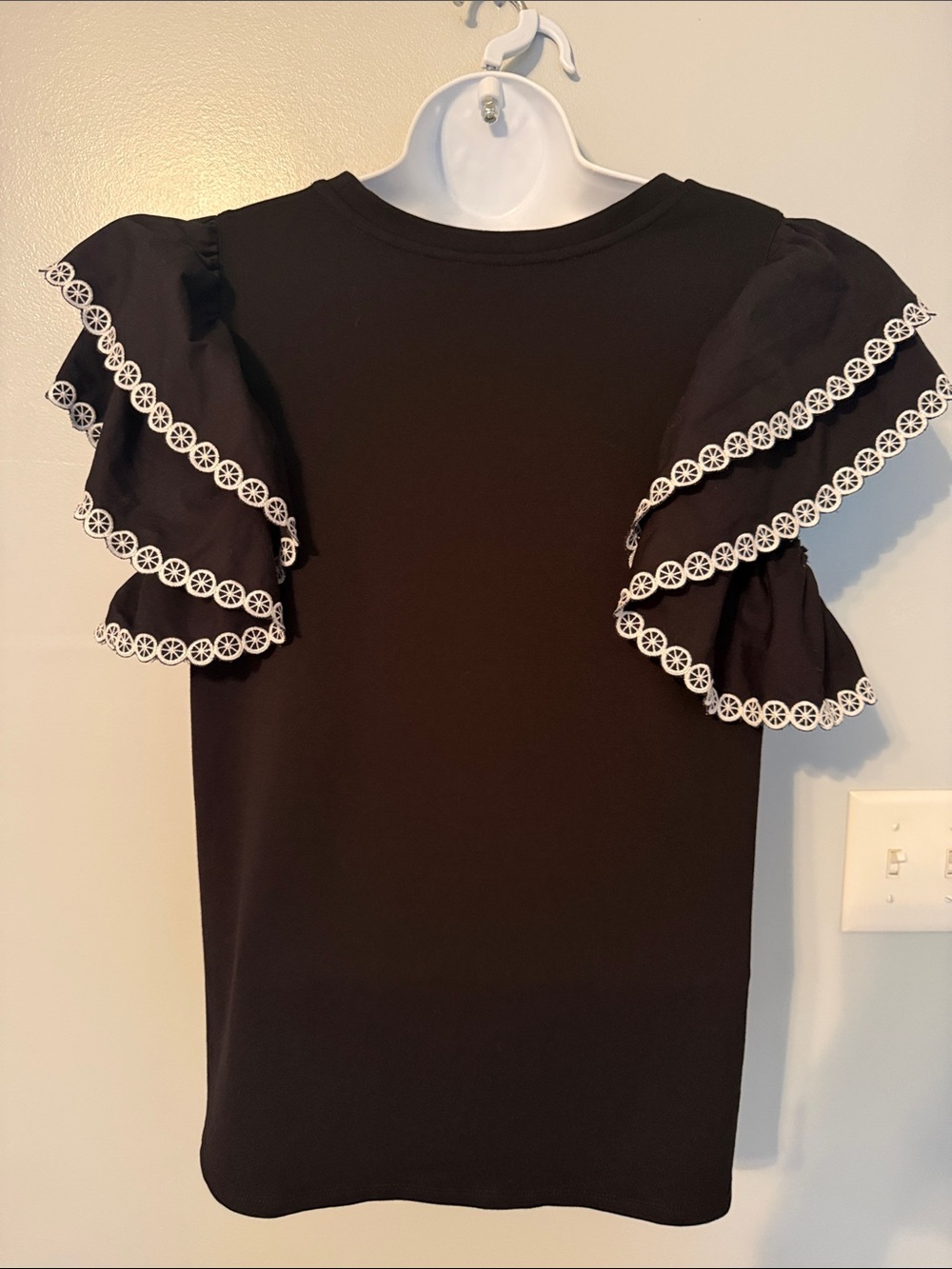 crown & ivy Black Short Sleeve Top with White Lace Ruffle Trim - Picture 2 of 4